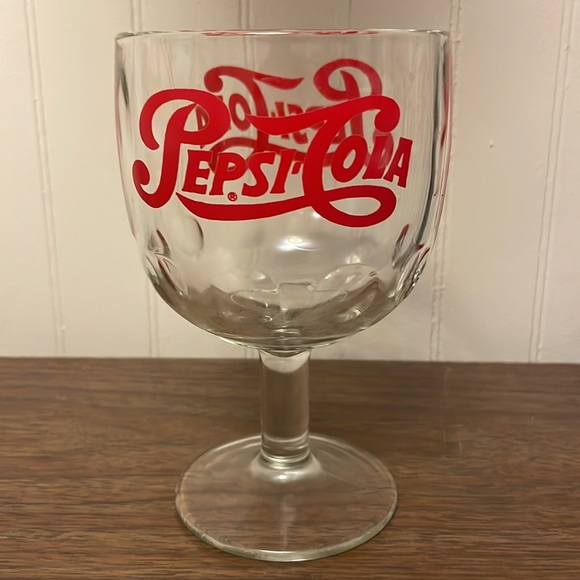 VINTAGE Pepsi Cola Soda Thumbprint Grip Goblet Red Print Logo Cup Glass - Picture 2 of 7